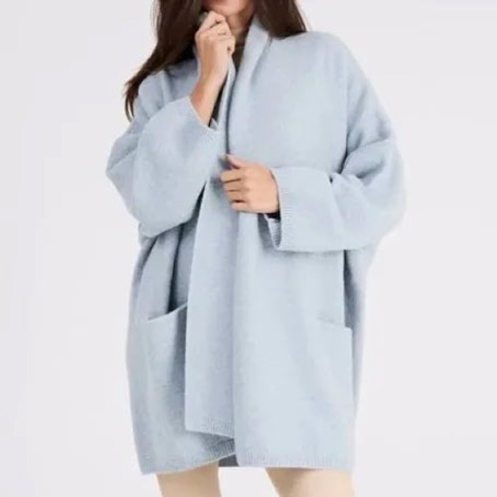 Beryll Cashmere Blend Oversized Open Front Cocoon Cardigan Light Blue O/S